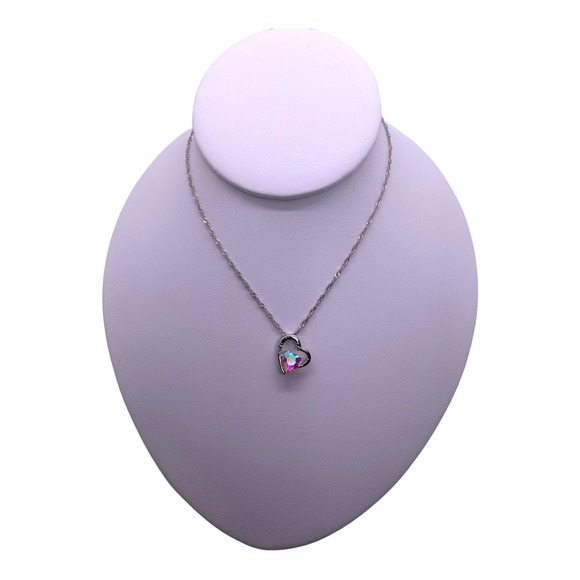 Imitation Silver Iridescent Rhinestone Gemstone Two Hearts In One Necklace - Picture 5 of 7